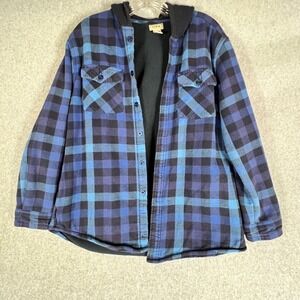 LL Bean Plaid Flannel Lined Hooded Shacket Shirt Jacket Boys XL 18 Blue Black